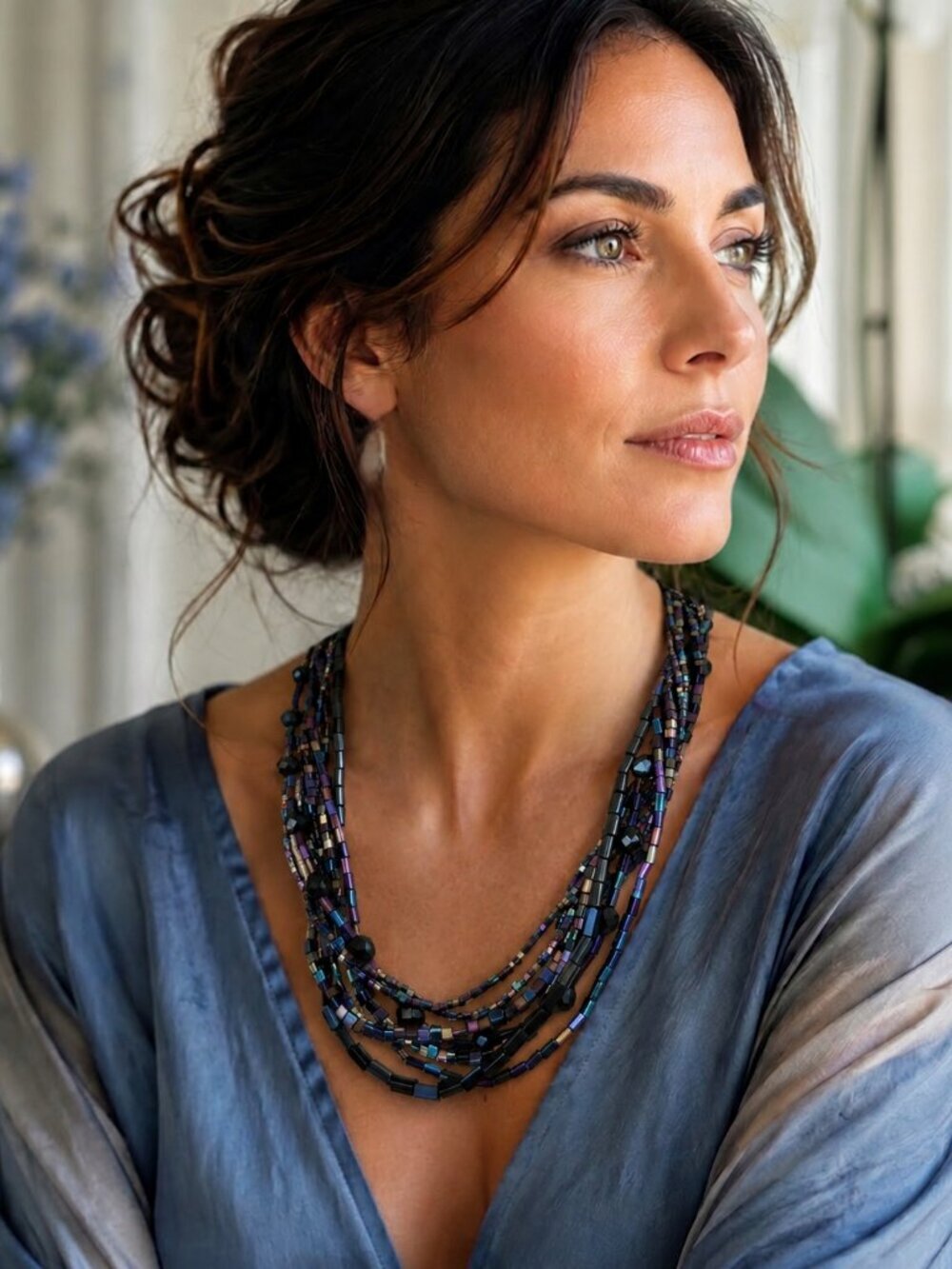 Vintage iridescent blue black bugle bead  necklace